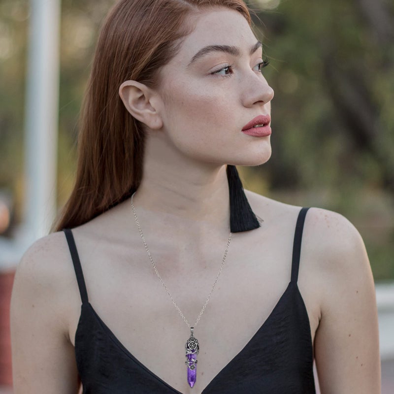 Top Plaza Antique Silver Flower Wrapped Natural Amethyst Healing Crystal Necklace - Image 3